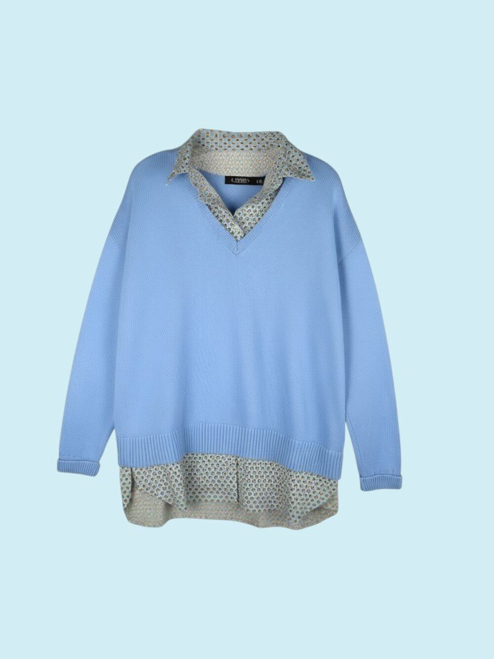 Lauren Ralph Lauren Layered Look Sweater Large Blue Knit Collar Long Sleeve